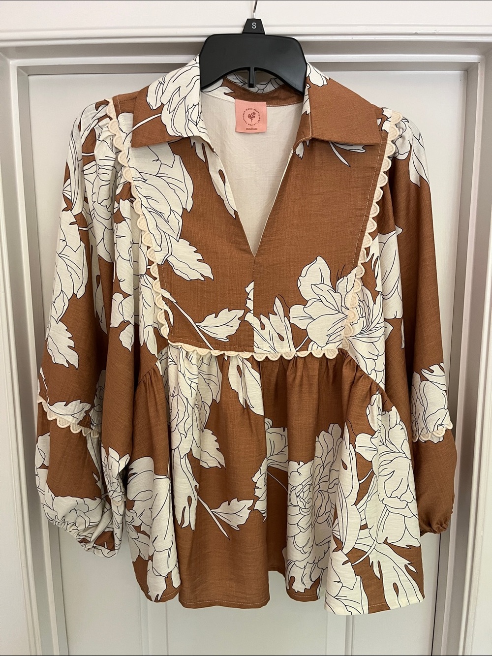 Floral Peasant Blouse with Ivory Print on Rust with Scallop Trim